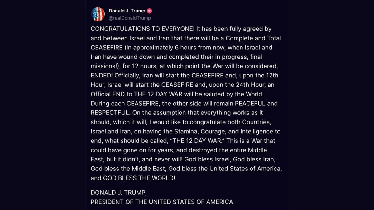 Donald Trump anuncia, em publicação na Truth Social, um cessar-fogo "completo e total" entre Israel e Irã, com início previsto para as próximas horas. O presidente dos EUA destacou a importância do acordo para evitar uma escalada maior no Oriente Médio e celebrou o fim da guerra de 12 dias. (Reprodução/Internet)