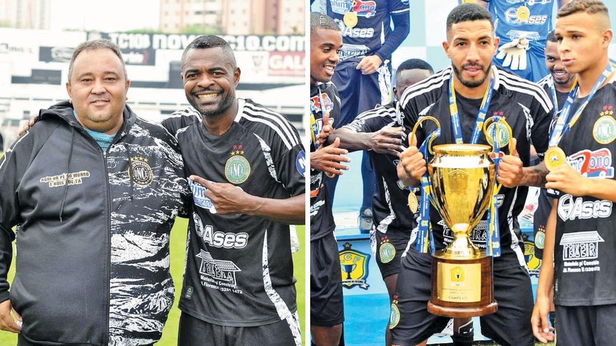 Dudu (à esquerda) foi o comandante do banco de reservas: técnico comemora segundo título em 2025. O zagueiro Reis levanta a taça de campeão do Campeonato Amador RMC (Thiago Pires Photo / Instagram Morro)