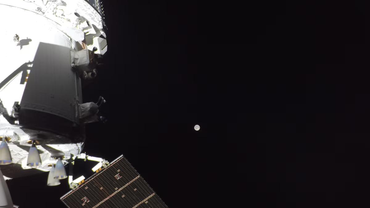 Vista da Lua da cápsula da missão Artemis II quando os astronautas alcançaram metade do caminho até o satélite (Reprodução/X/@NASAArtemis)