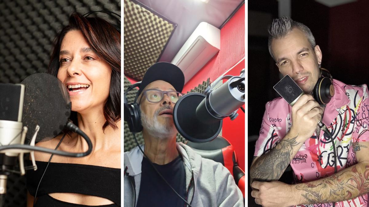 Cátia Massotti dubla personagens como Lisboa, de La Casa de Papel, Sophie Lennon, de The Marvelous Mrs. Maisel e Samira, de League of Legends; Luiz Nunes, um dos nomes mais respeitados da dublagem nacional e Renan Alonso (à direita), que já participou de mais de 170 produções (Thais Mazzoco / Arquivo Pessoal)