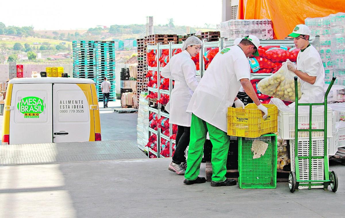 Funcionários do Mesa Brasil retiram alimentos em entreposto: queda das doações prejudica atendimento de famílias em vulnerabilidade (Divulgação/ Gato Amarelo Studio)