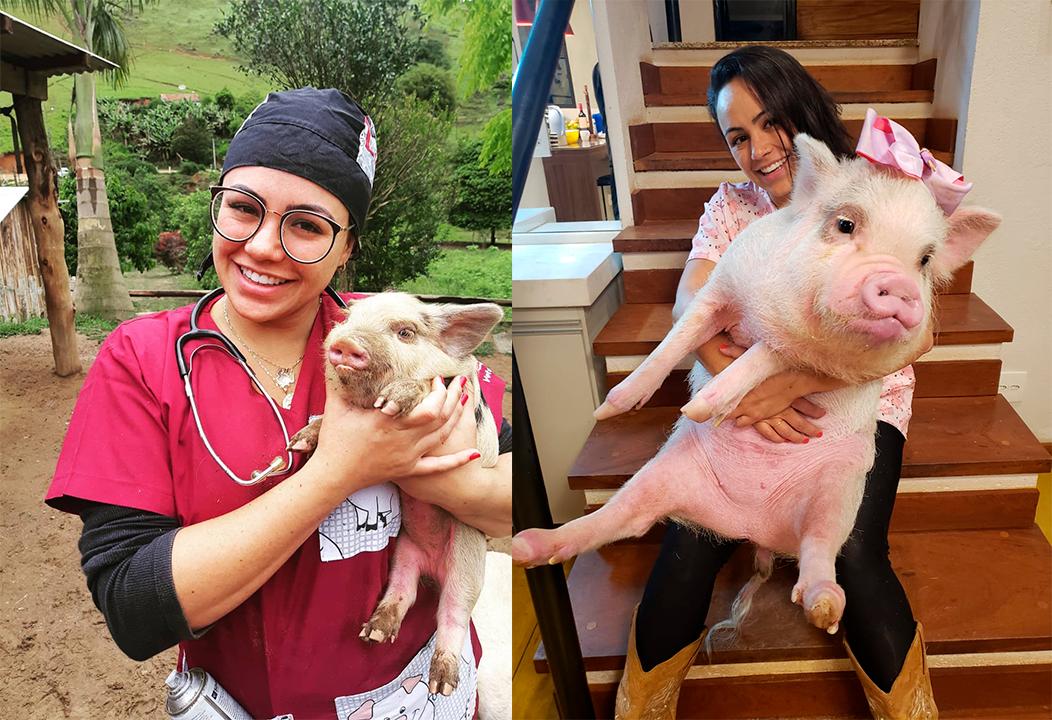 A veterinária Izabelle Oliveira com seus pacientes: uma bebê e uma criança de apenas 30 kgs (Arquivo Pessoal)