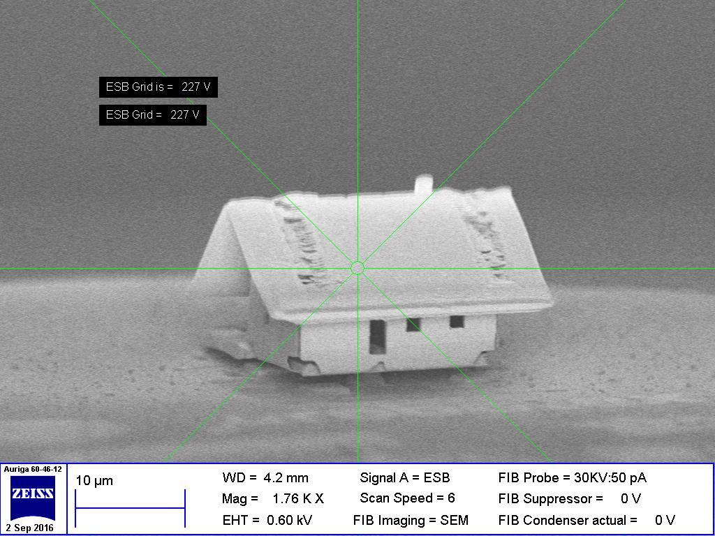 Largura: 10 mícrons. Comprimento: 20 mícrons. Altura: 15 mícrons. Estas são as dimensões desta microcasa do departamento de nanorrobótica do Instituto FEMTO-ST (AFP)