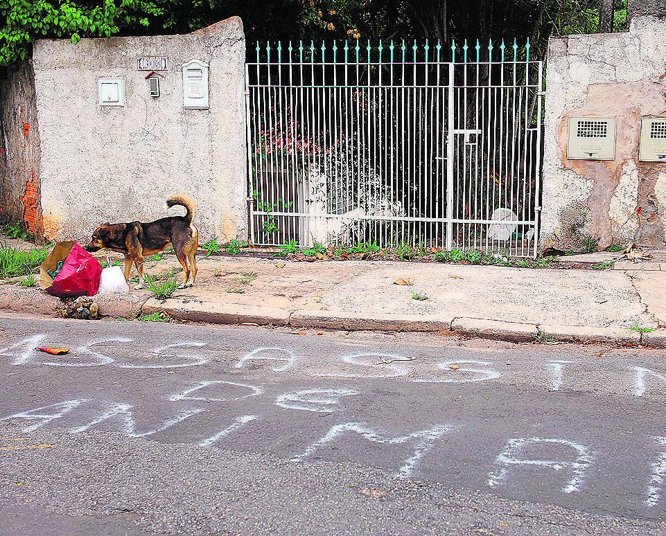 Inscrição no asfalto em frente à casa do acusado de ter matado 13 gatos, dos quais cortou as cabeças e bebeu o sangue: segundo ele, é sua "religião" (Leandro Torres)