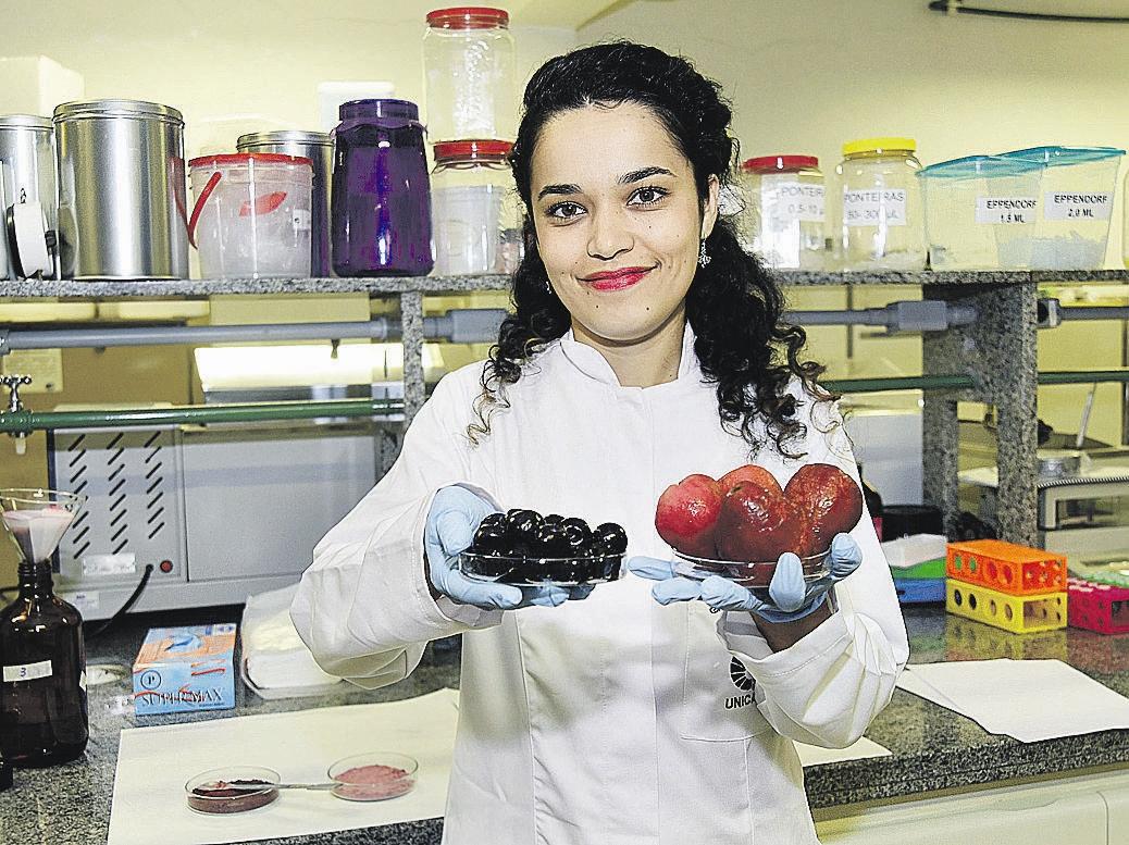 Nutricionista Ângela Giovana Batista mostra jabuticabas e o jambo-vermelho que são objeto de seu estudor
 (Antonio Scarpinetti/SEC Unicamp/Divulgação)