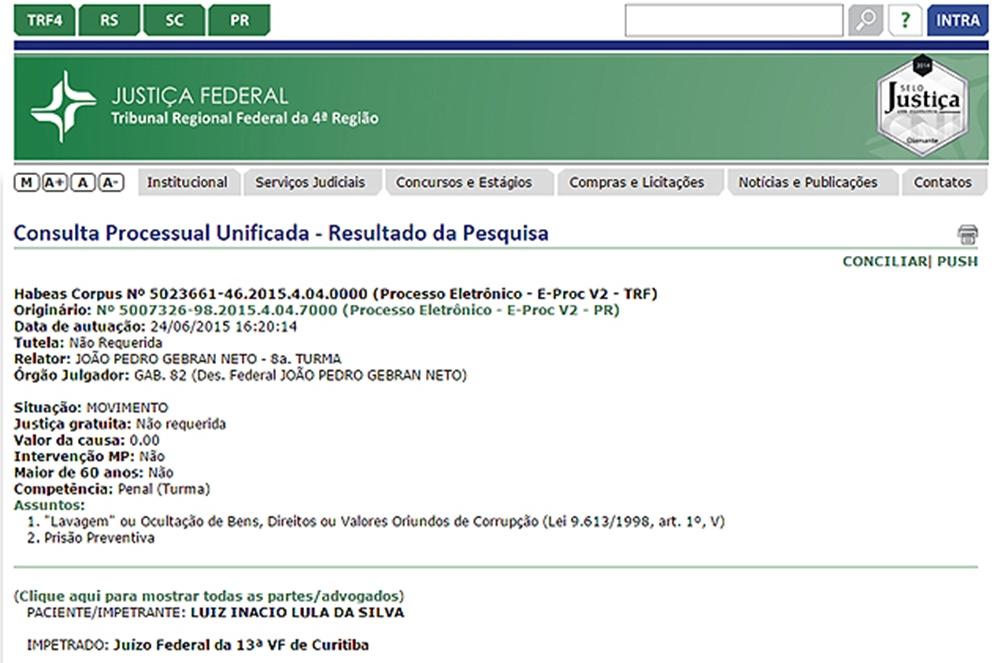 Reprodu&ccedil;&atilde;o do site do TRF com o pedido de habeas corpus para Lula ( Reprodução)