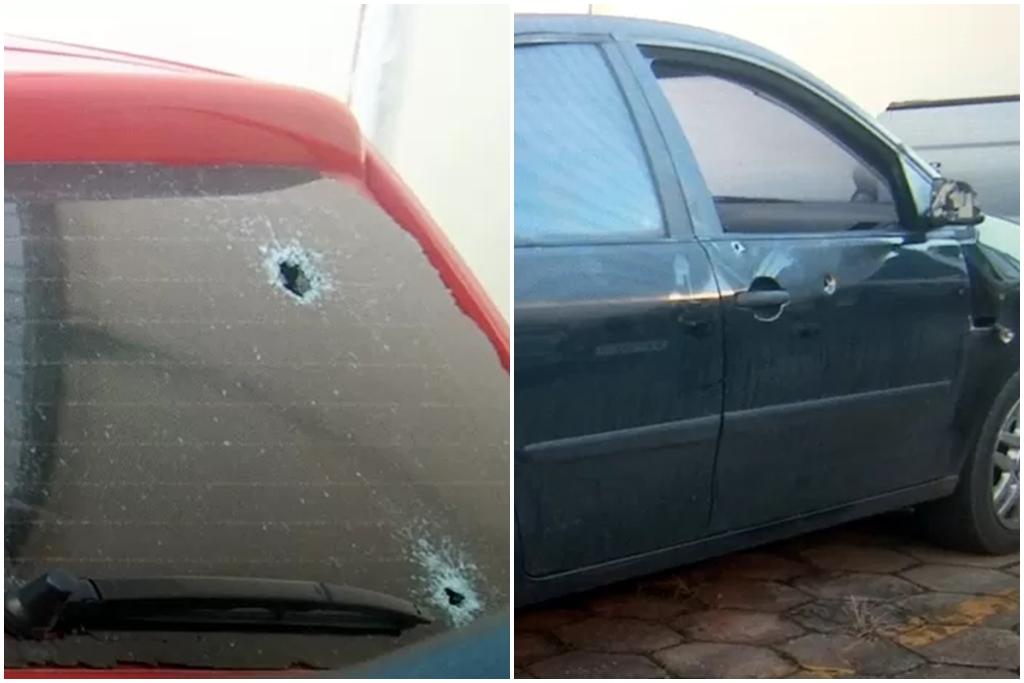 O Fox vermelho usado pelo ladr&otilde;es e o carro dos agentes federais ficaram com a marcas dos tiros (Captura de vídeo)