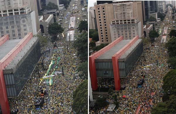 O protesto na Avenida Paulista, em S&atilde;o Paulo, j&aacute; re&uacute;ne 580 mil manifestantes. &Eacute; a maior manifesta&ccedil;&atilde;o desde a campanha das Diretas J&aacute;, que reuniu 1 milh&atilde;o de pessoas em 1984.r
  (AFP)