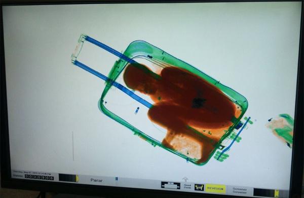 Imagem no Raio-X mostra garoto dentro de mala ao tentar atravessar a ftonteira com a Espanha (France Press)