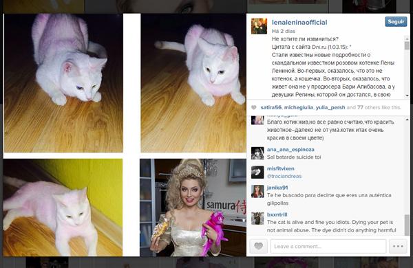 Lenina postou no Instagram, fotos do suposto gato que ap&oacute;s cinco meses da festa ainda est&aacute; rosado ( Divulgação)