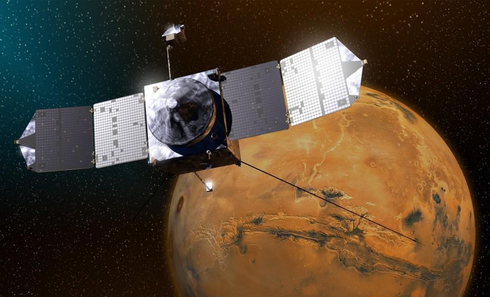 Ilustra&ccedil;&atilde;o da Nasa: a entrada da Maven aconteceu depois que os motores da sonda foram acionados durante 30 minutos para conter a velocidade (Divulgação/Nasa)
