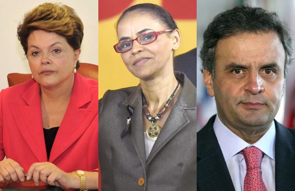 Os tr&ecirc;s candidatos &agrave; Presid&ecirc;ncia da Rep&uacute;blica mais bem colocados nas pesquisas, Dilma Rousseff, Marina Silva e A&eacute;cio Neves ( Divulgação/ Agência Brasil)