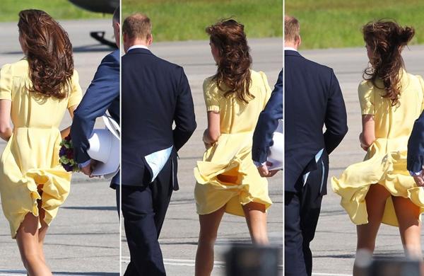 Duquesa Kate Middleton teve o vestido levantado pelo vento (Reprodução)