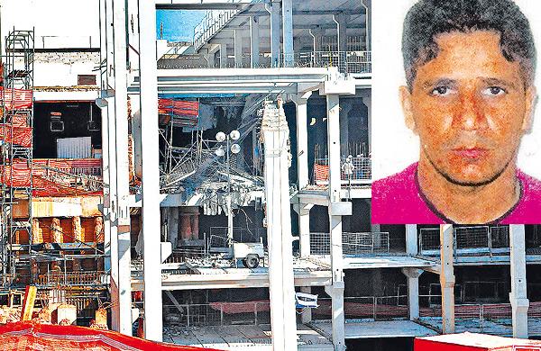 Laje desabada (ao centro) na obra de expans&atilde;o do Shopping Iguatemi: queda da estrutura matou dois oper&aacute;rios na noite de segunda-feira, entre eles, Manoel da Silva, no destaque ( Edu Fortes/AAN)