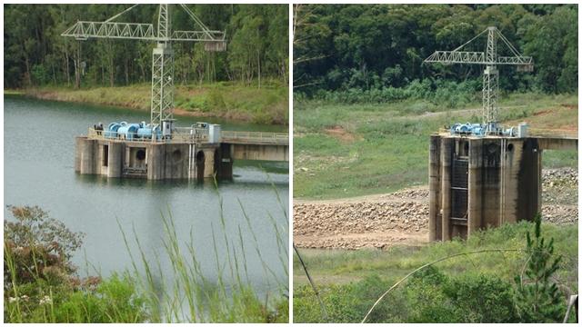 Fotos mostram o mesmo ponto da Represa Cachoeira, em Piracaia, que faz parte do Sistema Cantareira. &Agrave; esquerda, foi feita em 28 de abril de 2010 e a outra, a situa&ccedil;&atilde;o na ter&ccedil;a-feira, dia 11/3 ( Divulgação)