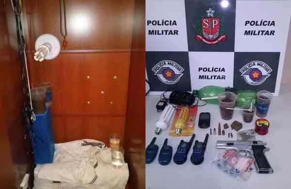 Estufa de maconha no armário (à esq.); objetos apreendidos pela PM (à dir.) ( Divulgação/ SSP-SP)
