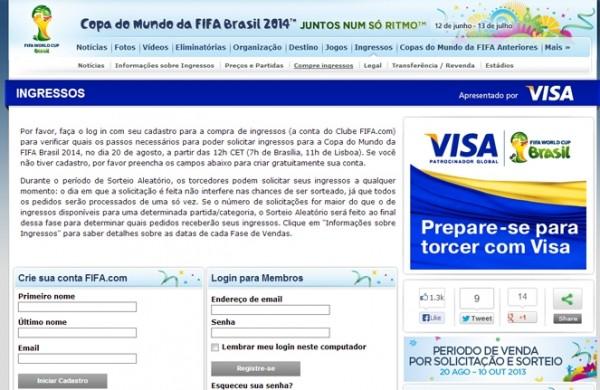 Site da Fifa inicia as vendas dos ingressos para a Copa do Mundo de 2014, no Brasil (Reprodução)