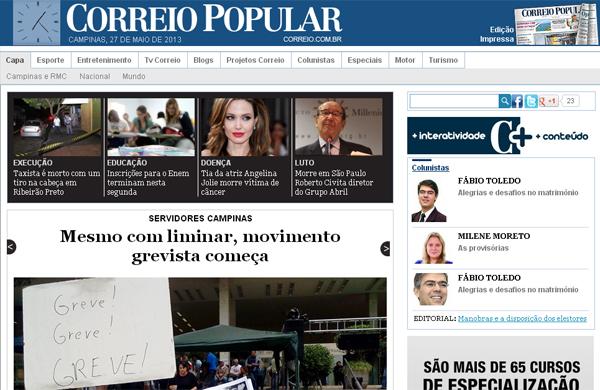 Capa do portal Correio.com, que ficou fora do ar nesta segunda-feira (Captura de tela)